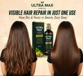 Glowixo Premium Herbal Hair Oil female hair growth comparison showing before, after 1 month, after 2 months and after 3 months of regular use. Hair appears fuller, thicker and healthier.