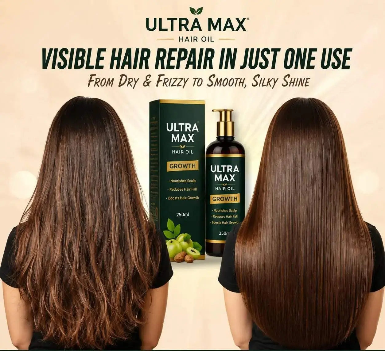 Glowixo Premium Herbal Hair Oil female hair growth comparison showing before, after 1 month, after 2 months and after 3 months of regular use. Hair appears fuller, thicker and healthier.