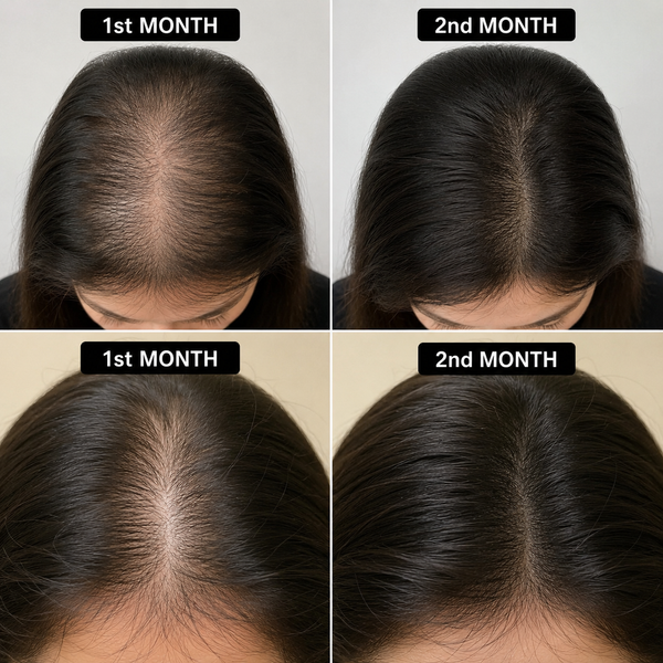 Glowixo Premium Herbal Hair Oil female hair growth comparison showing before, after 1 month, after 2 months and after 3 months of regular use. Hair appears fuller, thicker and healthier.